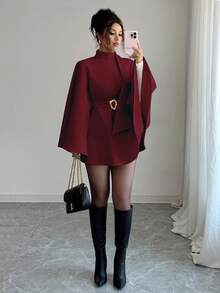 Elenzga Women's Fashionable Elegant Solid Color Asymmetrical Metal Buckle Jacket, Christmas - Burgundy - View 5