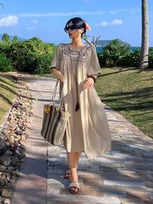 DAZY Women's Elegant Patchwork Tie-Up Ruffle Sleeve Dress, Spring/Summer Sundress Boho Vacation Outfits Women - Apricot - View 6