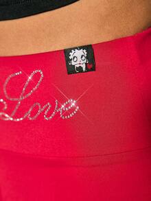 Betty Boop x SHEIN 女士水钻字母图案褶皱骑行短裤 - 紅色 - 查看 9