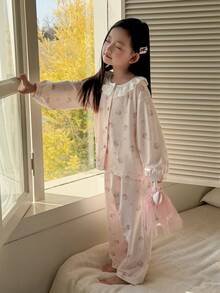 DAZY Young Girl Cartoon Print Long Sleeve Button-Up Top And Pants Pajama Set Spring - Apricot - View 3