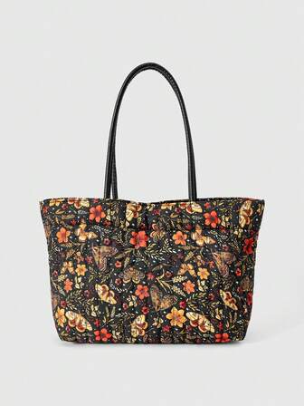 Grunge Punk Women's Tote Bag, Butterfly, Floral, Large Capacity, Single Shoulder, Portable, Retro, Fashion, Versatile, Travel, Shopping, Commuting