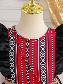 Gaun Pengantin Tradisional Musim Panas Hitam Motif Geometris untuk Anak Perempuan, Lengan Bergelombang, Resleting Belakang, Pakaian Pesta Arab dengan Tas Tangan Bermotif - Hitam - View 6
