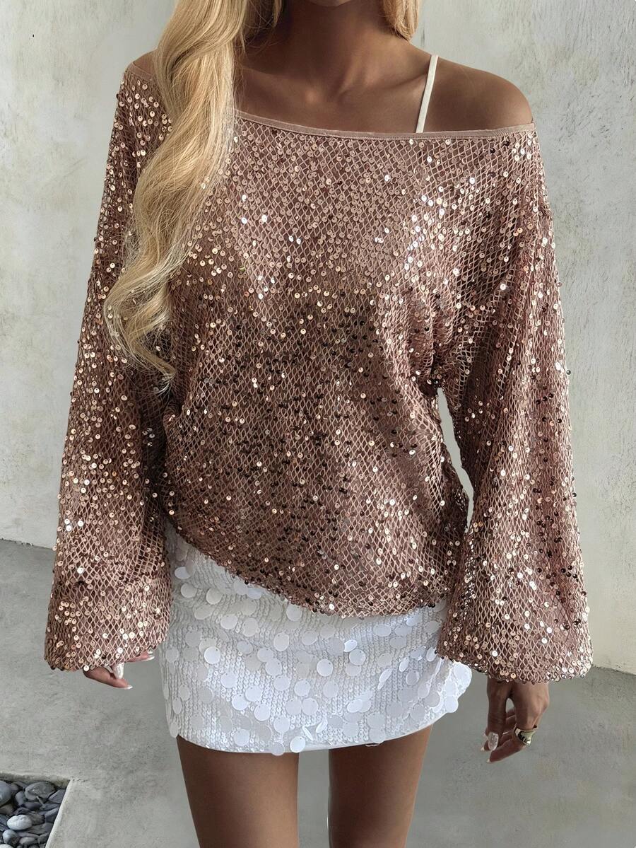 Livesso Women's Solid Color Sequin Off-Shoulder Long Sleeve Loose Top Carnival - Champagne - View 1