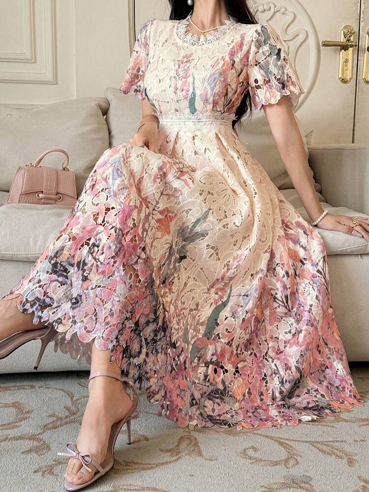 Women's Elegant Floral Lace Patchwork Mid-Length Dress, Summer Wedding Guest Dress Sundress
