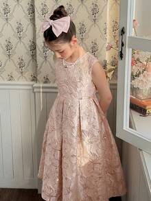 DAZY Tween Girl Floral Jacquard Round Neck Pleated Design Fashionable Elegant Sleeveless Party Dress