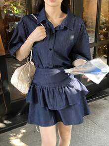 DAZY 女士复古水洗翻领休闲衬衫和牛仔裙两件套 - 藍色 - 查看 2