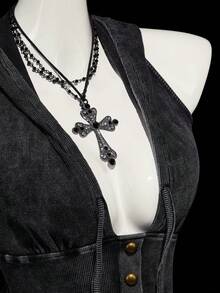 SHEIN ICON 女士时尚街头风前扣抽绳连帽背心，夏季 - 黑色 - 查看 9