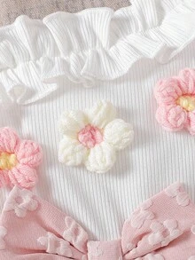 SHEIN 女婴时尚优雅不对称肩部3D立体花朵蝴蝶结连体衣，夏季 - 粉色 - 查看 3