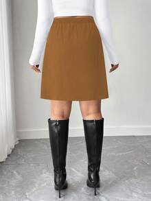 SHEIN Tall CURVE Váy chữ A bó sát thường ngày màu trơn có khóa kéo phía trước dành cho nữ cỡ lớn - màu nâu - Xem 2