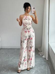 SHEIN Elenzya 女士流行玫瑰印花露背扭结褶皱连体裤，优雅时尚休闲连体裤，适合日常和户外穿着，夏季 - 彩色 - 查看 5
