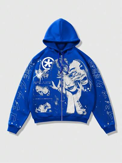 Anime Sweat-shirt à capuche zippé à manches longues avec imprimé portrait de rue pour hommes