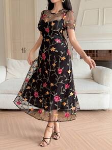 DAZY 女士优雅印花圆领泡泡袖连衣裙，夏季婚礼宾客礼服 - 黑色 - 查看 5