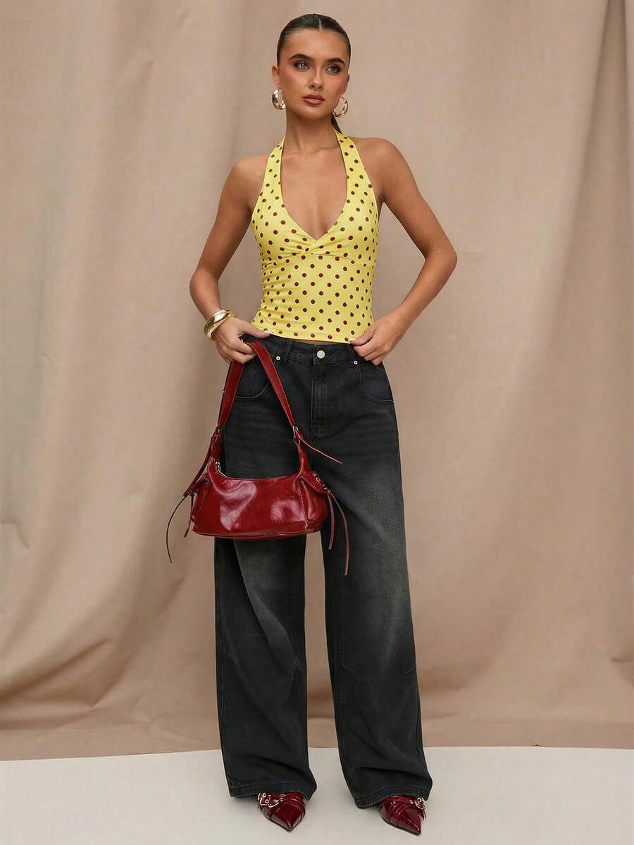 SHEIN BAE 波点印花休闲露背吊带上衣,适合早午餐、外出、约会、通勤、邮轮旅行、伊比沙岛等场合。 - 黃色 - 查看 1