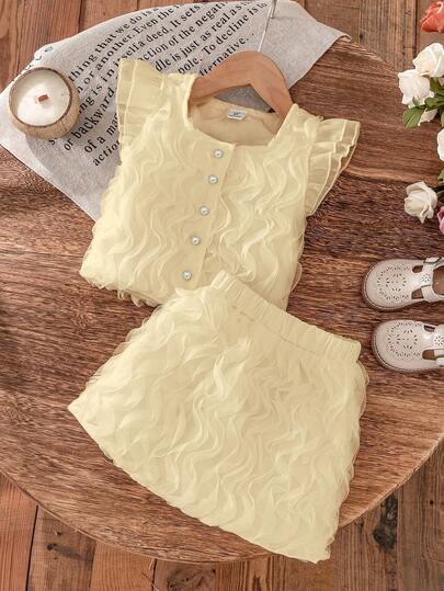 SHEIN Elladie kids 2pcs/Set Young Girl' Fashionable Floral Flutter Sleeve French Blouse Top + Skirt Cute Sweet Outfit, Summer Yellow Two Piece Set For Girls Summer Two Piece Set For Kids