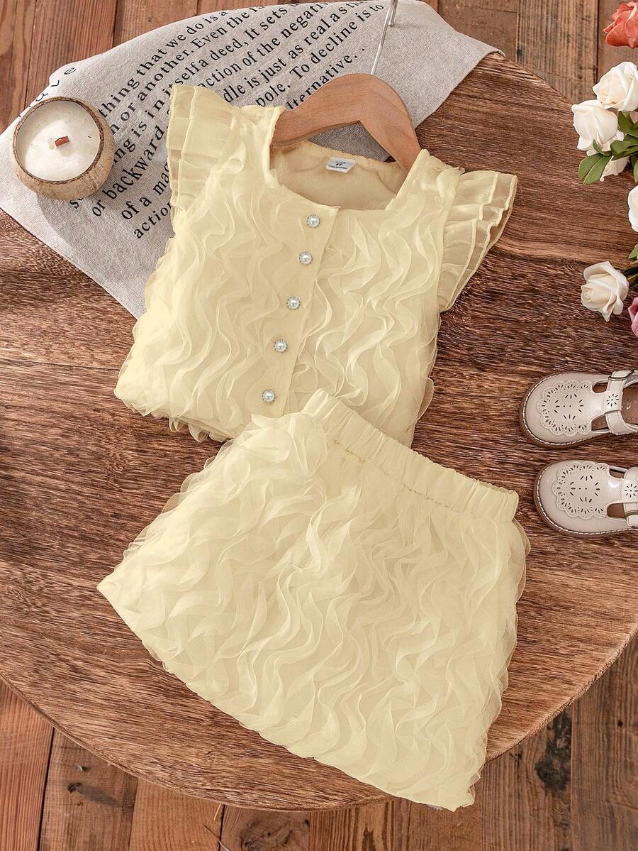 SHEIN Elladie kids 两件套少女时尚碎花荷叶袖法式衬衫上衣+半裙可爱甜美套装，夏季 - 香檳色 - 查看 1