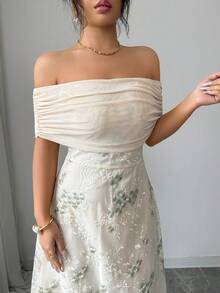 Modelyn 杏色女士网纱针织花卉刺绣露肩荷叶边优雅鸡尾酒会中长连衣裙，适合约会和正式场合 - 杏色 - 查看 6