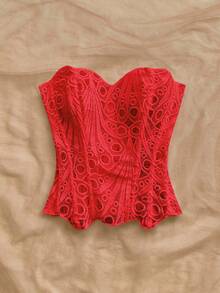 Soleia 大码女式纯色镂空性感无袖露脐上衣，适合嘉年华、夏季、度假、海滩等场合。 - 紅色 - 查看 7