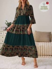 Al Najma Women's V-Neck Pleated Long Sleeve Dress, Suitable For Autumn Carnival - Multicolor - View 4