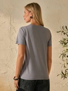 EURMUSE Large Floral Embroidery, Short Sleeve, Statement Chest Design, Feminine Casual Wear, High-Quality Stitching, Boho Collection - Grey - View 3