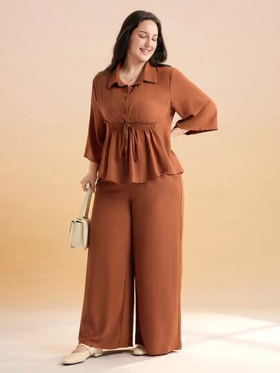 Momelise 2pcs Plus Size Women Set: Solid Color 3/4 Sleeve Button-Up Pleated Blouse And Loose Fit Straight Leg Casual Pants