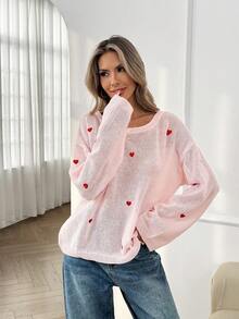 Easowa Áo len nữ dáng rộng tay dài cổ lệch, họa tiết trái tim thêu, áo len dệt kim màu hồng họa tiết trái tim, áo tay dài dáng rộng hoàn hảo cho ngày Valentine, áo len hồng ngọt ngào mùa xuân, áo len đi biển, áo hồng - Màu Hồng baby - Xem 3