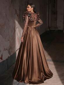 Glamrae Plus Size Elegant Romantic Brown Round Neck Cloud Decor Long Sleeve Sheer Luxury Sequin Patchwork A-Line Wedding Dress, Suitable For Wedding, Party, Celebration, Formal Events, Gala Dinner (Heavily Embellished Design)