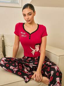 Betty Boop x SHEIN Women's Cartoon Character & Letter Print Contrast Binding Short Sleeve Top And Pants Pajama Set