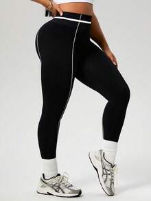 Rhythm Era 大码女式黑色无缝运动紧身裤，白色条纹瑜伽七分裤，健身 - 黑與白 - 查看 7