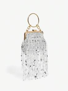 SHEIN SXY Red Clutch Bag For Women, Fashion Minimalist Design, Customizable, Classic Versatile, Faux Feather Decor, Bright Pink, Suitable For Cocktail Party, Party, Prom, Club, Date, Birthday, Formal Dinner, Valentine's Day, New Year - Silver - View 3