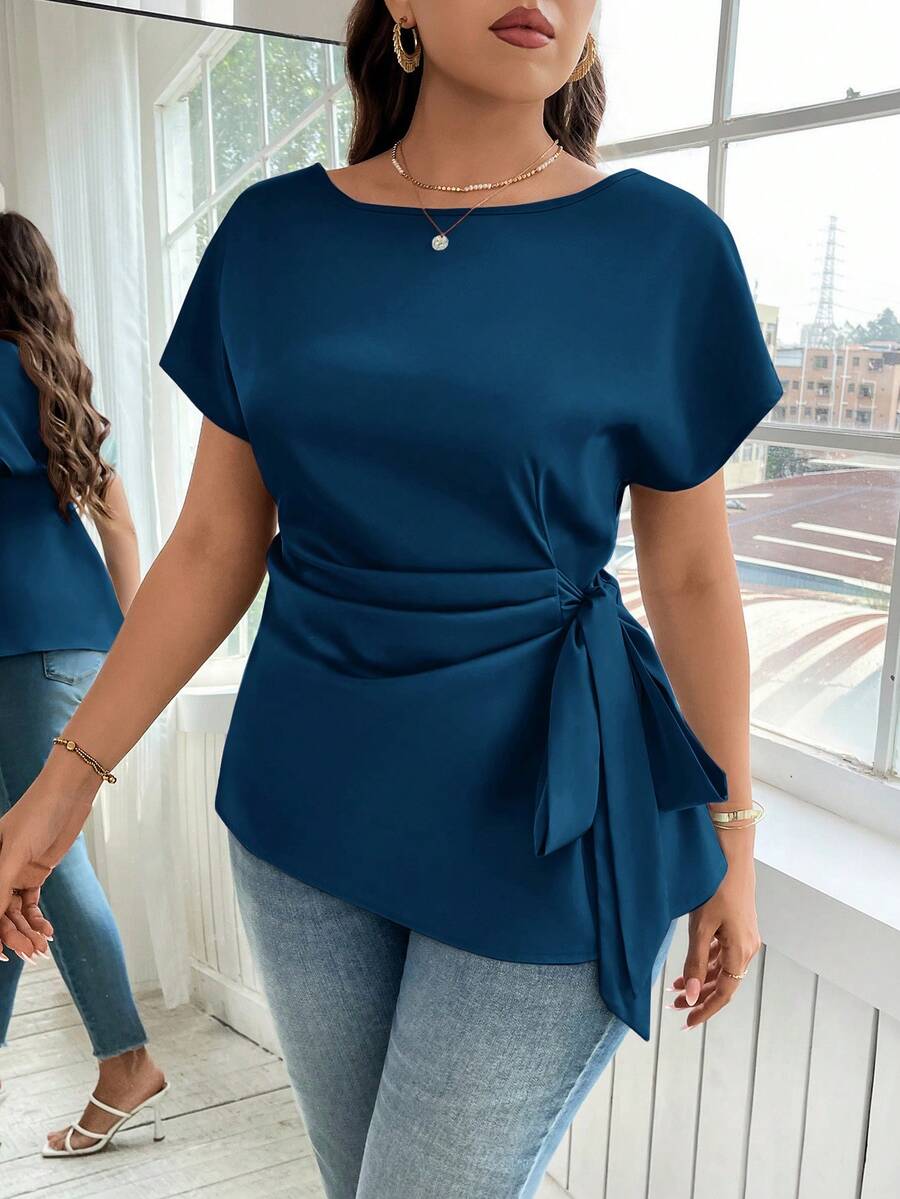 Reflora 大码纯色圆领垂褶优雅短袖衬衫 - 水鴨藍 - 查看 1