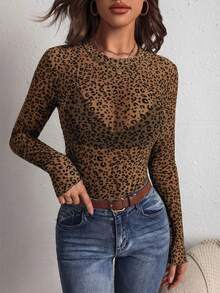 SHEIN PETITE CURVE 大尺碼女款性感豹紋透視長袖修身上衣，春夏款 - 棕色 - 查看 4