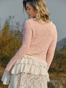 WESTFADE Floral Textured Stretch Lace Chiffon Ruffle Bell Sleeve Colorblock Fitted Cardigan Top - Multicolor - View 2