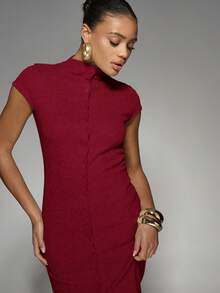 MISSGUIDED Mock Neck Cap Sleeve Button Front Midi Length Bodycon Dress With Side Slit For Fall Winter - Burgundy - View 3