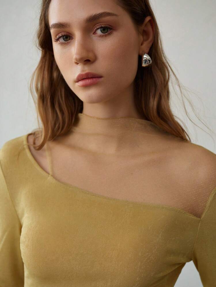 メッシュパッチワークデザイン ファッショナブル エレガント 長袖 光沢 スリムフィット レディースTシャツ