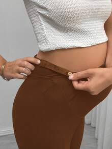 Momance Quần ống loe màu trơn có thể điều chỉnh eo dành cho bà bầu - màu nâu - Xem 6