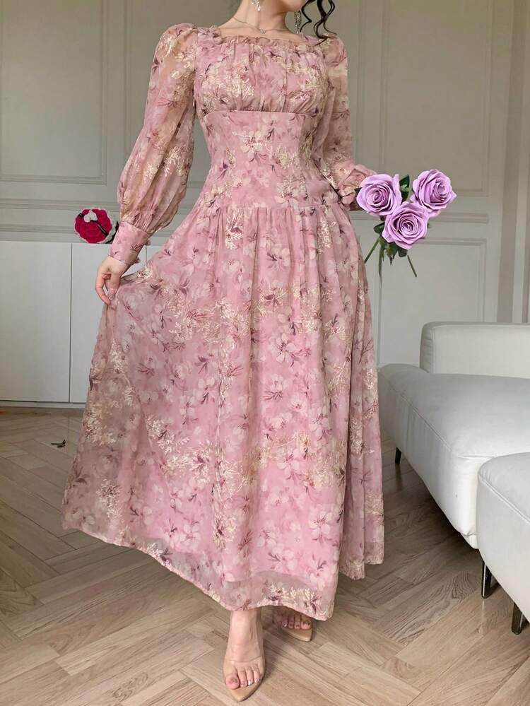 Spring&Summer Pink Floral All-Over Print Dress,Elegant,Autumn,Tea Party Wedding Formal Occasion,Fashion Slim Fit Long Sleeve Maxi Boho Chic Sundress