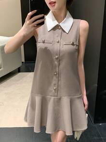 DAZY Women's Elegant Contrast Color Collar Faux Pocket Sleeveless Mini Dress, Summer - Khaki - View 7