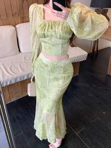 DAZY Women's Elegant Floral Print Square Neck Collar Lantern Sleeve Shirt And Skirt 2 Pieces Set, Spring/Summer - Green - View 7