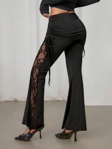SHEIN PETITE 女士黑色蕾丝侧拼接腰部抽绳喇叭裤，性感度假风 - 黑色 - 查看 2