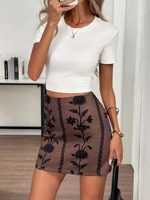 Elyressa Women's Floral Print Bodycon Elegant Skirt - Brown - View 1