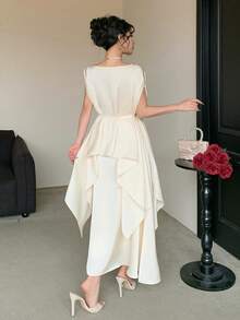 DAZY Women's Elegant Solid Color Belted Shirt & Skirt 2 Pieces Set, Spring/Summer,Wedding Guest Dress Women - Beige - View 2