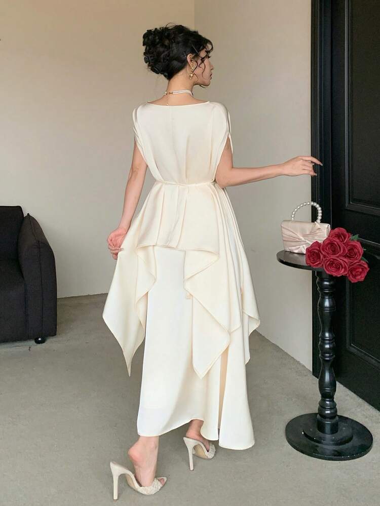 Women's Elegant Solid Color Belted Shirt & Skirt 2 Pieces Set, Spring/Summer,Wedding Guest Dress Women