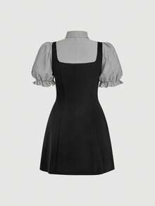 SHEIN MOD 大码黑白条纹双排扣拼接连衣裙，正面饰有蝴蝶结，采用二合一设计。甜美学院风，适合日常穿着或约会。优雅的短款A字连衣裙，是春夏的理想之选。 - 黑與白 - 查看 2