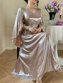 DAZY Women's Elegant Solid Color V-Neck Ruffle Sleeve Belted Long Dress, Spring/Summer Wedding Guest Dress Maxi Dress Sundress - Apricot - View 6