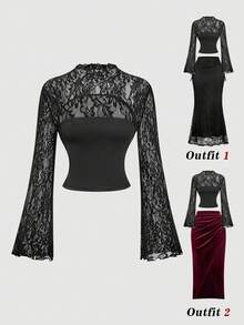 SHEIN MOD Áo thun nữ tay loe phối ren đen, kiểu vintage, áo dự tiệc, áo retro, phong cách đồng quê, boho, áo dự tiệc thanh lịch, mùa xuân, ngày Valentine, áo kiểu nữ thanh lịch, lãng mạn, ren, gothic, trang phục lễ hội. - màu đen - Xem 2