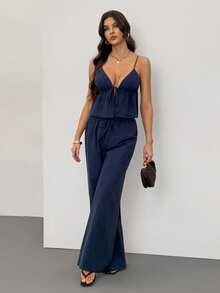 SHEIN Tall 2pcs Women Cotton Linen Camisole And Long Pants Set, Dark Blue Cotton 2 Pieces Set Spaghetti Strap Top And Palazzo Pants Womens Casual Palazzo Set - Navy Blue - View 10