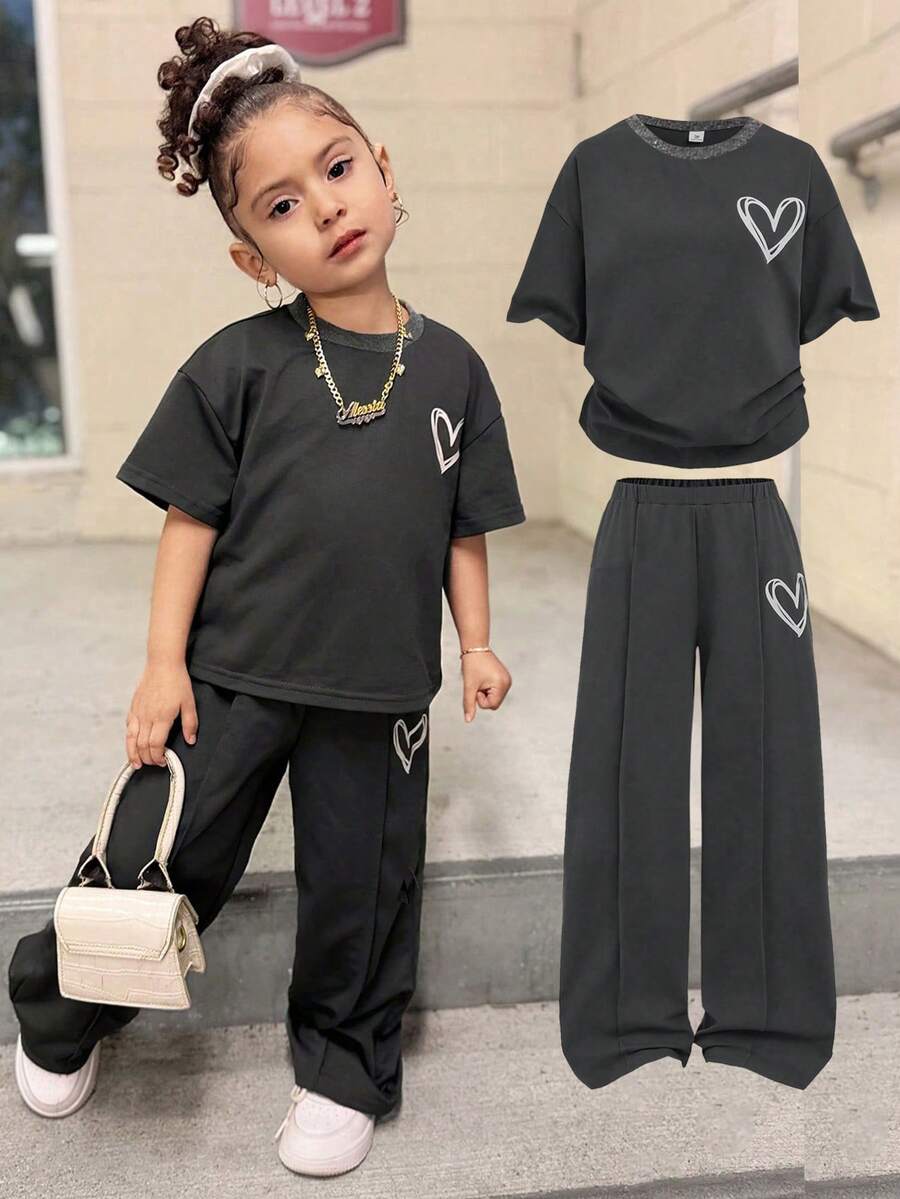 少女休闲街头风宽松圆领爱心印花短袖卫衣和褶皱阔腿裤套装，针织运动裤套装，深灰色 - 深灰色 - 查看 1