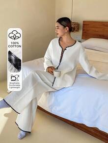 DAZY Women's Simple Textured Fabric Contrast Trim Pajama Set - White - View 1