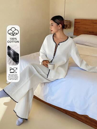 DAZY Women's Simple Textured Fabric Contrast Trim Pajama Set