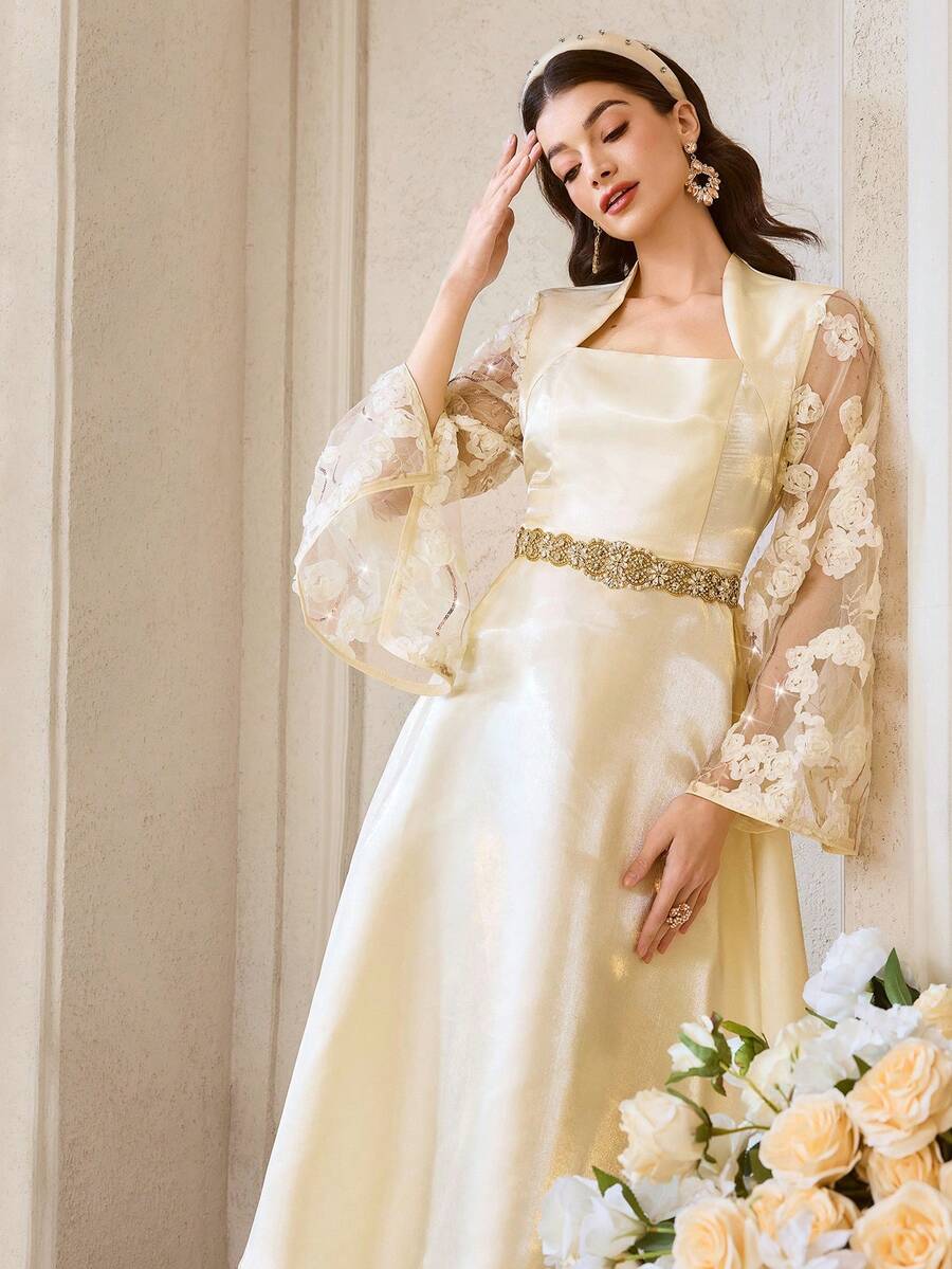 Modelyn 女士优雅派对礼服，饰有亮片拼接、透视网纱袖和收腰设计，缎面面料 - 杏色 - 查看 1